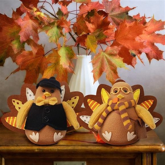 Set of 2 Thanksgiving Turkey Decor, Felt Standing Turkey Couple - Picture 5 of 7